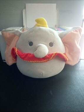 Squishmallows Gray Dumbo The Elephant Pillow with Pink Ears and Yellow Hat
